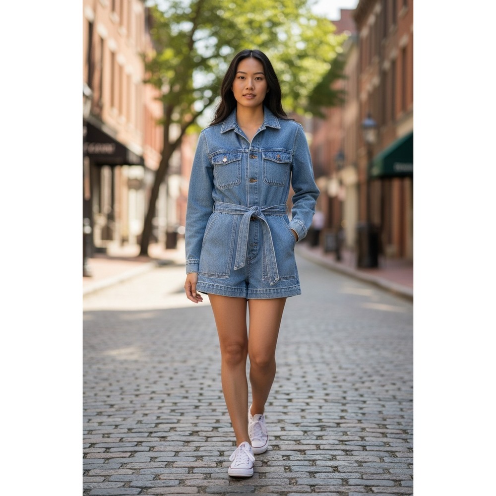 AG Adriano Goldschmied Ryleigh Tie Waist Denim Romper Long‎ Sleeve Sz 26 NWT